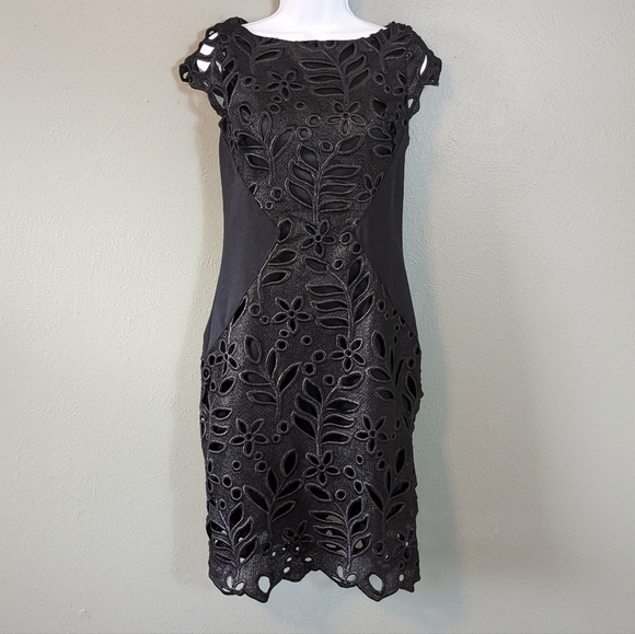 Eva Franco Dresses & Skirts - Eva Franco Black Jamila Cap Sleeve Cut Out Floral Lace Midi Dress Size 4